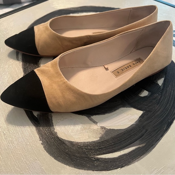 •ZARA• beige and black faux suede pointed cap toe SIZE 36• US 6 - Picture 4 of 13